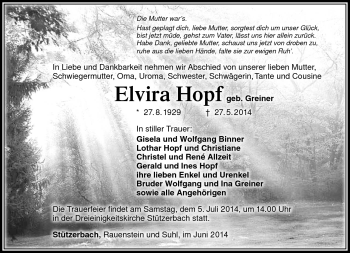 Traueranzeige von Elvira Hopf von Südthüringer Presse