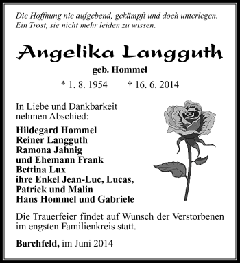Traueranzeige von Angelika Langguth von Südthüringer Presse