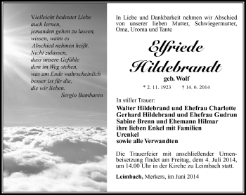Traueranzeige von Elfriede Hildebrandt von Südthüringer Presse