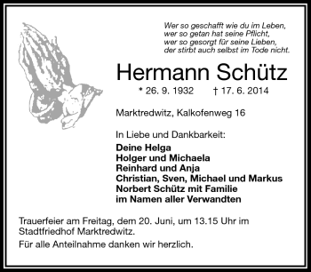 Traueranzeige von Hermann Schütz von Frankenpost