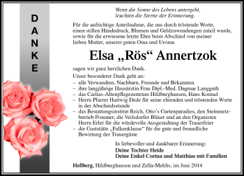 Traueranzeige von Elsa Annertzok von Südthüringer Presse
