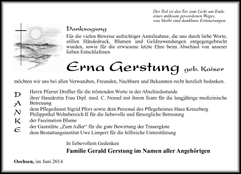 Traueranzeige von Erna Gerstung von Südthüringer Presse