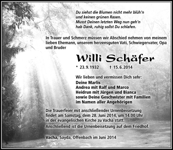 Traueranzeige von Willi Schäfer von Südthüringer Presse