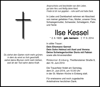 Traueranzeige von Ilse Kessel von Neue Presse Coburg