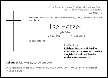 Traueranzeige von Ilse Hetzer von Neue Presse Coburg