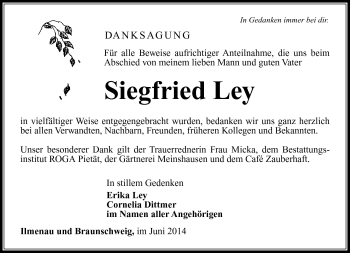Traueranzeige von Siegfried Ley von Südthüringer Presse