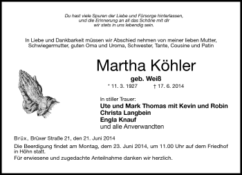 Traueranzeige von Martha Köhler von Neue Presse Coburg