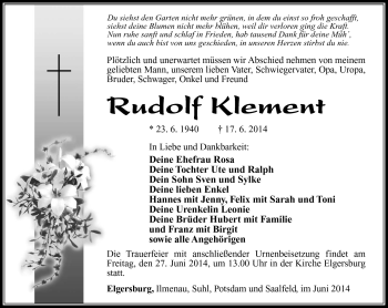 Traueranzeige von Rudolf Klement von Südthüringer Presse