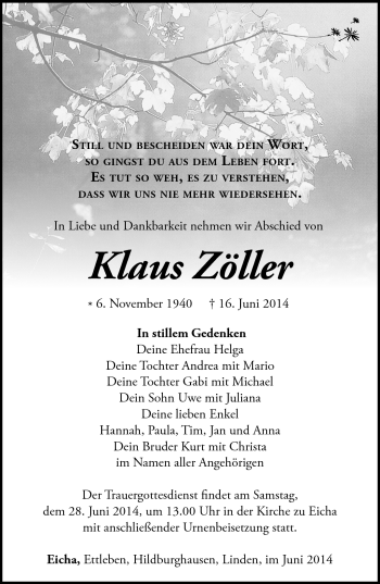 Traueranzeige von Klaus Zöller von Südthüringer Presse