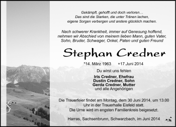 Traueranzeige von Stephan Credner von Südthüringer Presse