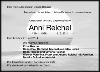 Traueranzeige von Anni Reichel von Frankenpost