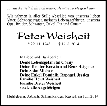 Traueranzeige von Peter Weisheit von Südthüringer Presse