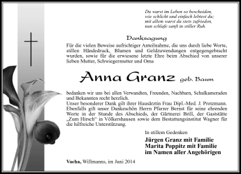 Traueranzeige von Anna Granz von Südthüringer Presse