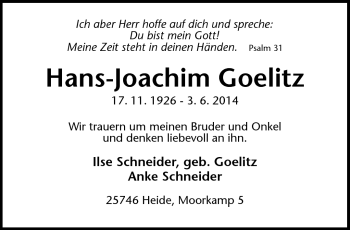 Traueranzeige von Hans-Joachim Goelitz von Südthüringer Presse