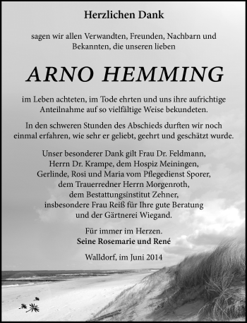 Traueranzeige von Arno Hemming von Südthüringer Presse