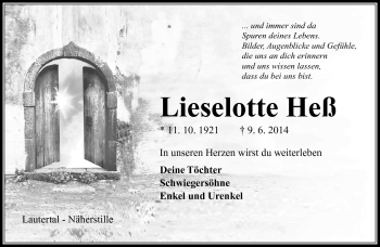 Traueranzeige von Lieselotte Heß von Südthüringer Presse