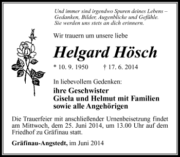 Traueranzeige von Helgard Hösch von Südthüringer Presse