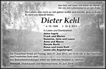 Traueranzeige von Dieter Kehl von Südthüringer Presse
