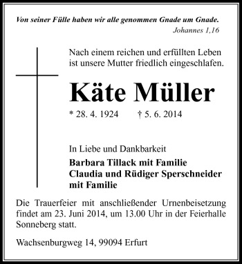 Traueranzeige von Käte Müller von Südthüringer Presse