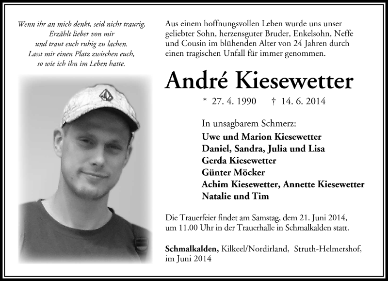  Traueranzeige für Andre Kiesewetter vom 20.06.2014 aus Südthüringer Presse