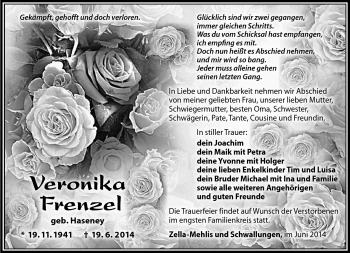 Traueranzeige von Veronika Frenzel von Südthüringer Presse