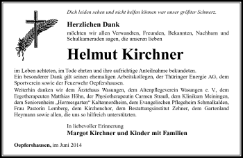Traueranzeige von Helmut Kirchner von Südthüringer Presse