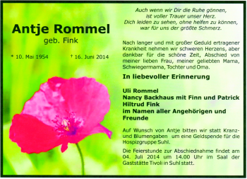 Traueranzeige von Antje Rommel von Südthüringer Presse