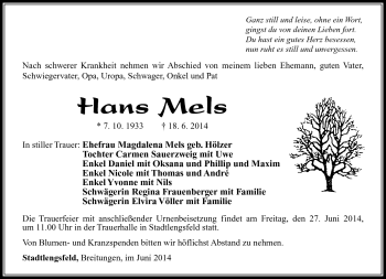 Traueranzeige von Hans Mels von Südthüringer Presse