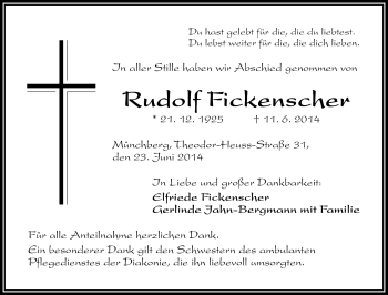 Traueranzeige von Rudolf Fickenscher von Frankenpost