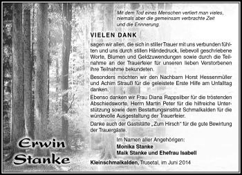 Traueranzeige von Erwin Stanke von Südthüringer Presse