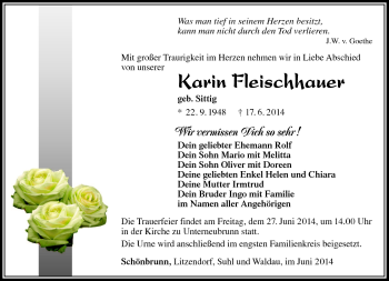 Traueranzeige von Karin Fleischhauer von Südthüringer Presse