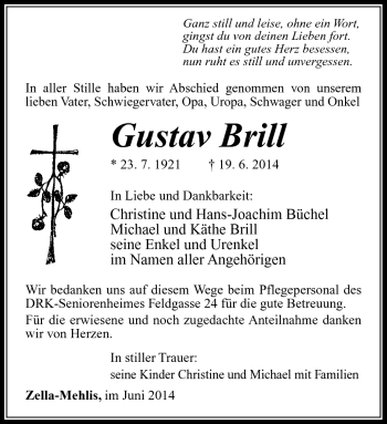 Traueranzeige von Gustav Brill von Südthüringer Presse