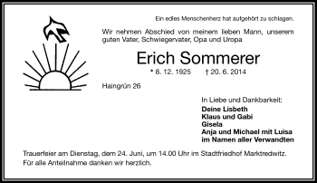 Traueranzeige von Erich Sommerer von Frankenpost
