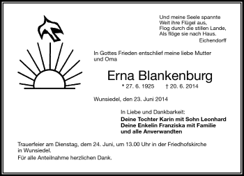 Traueranzeige von Erna Blankenburg von Frankenpost