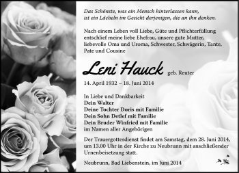 Traueranzeige von Leni Hauck von Südthüringer Presse