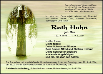 Traueranzeige von Ruth Huhn von Südthüringer Presse