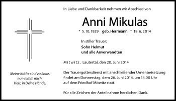 Traueranzeige von Anni Mikulas von Neue Presse Coburg