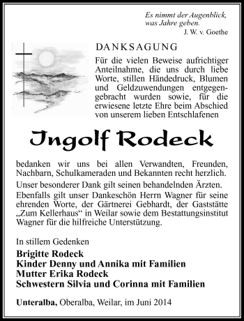 Traueranzeige von Ingolf Rodeck von Südthüringer Presse
