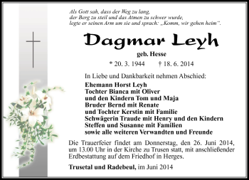 Traueranzeige von Dagmar Leyh von Südthüringer Presse