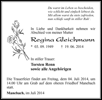 Traueranzeige von Regina Gleichmann von Südthüringer Presse