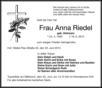 Traueranzeige von Anna Riedel von Frankenpost