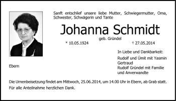 Traueranzeige von Johanna Schmidt von Neue Presse Coburg