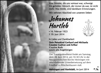 Traueranzeige von Johannes Hartleb von Südthüringer Presse