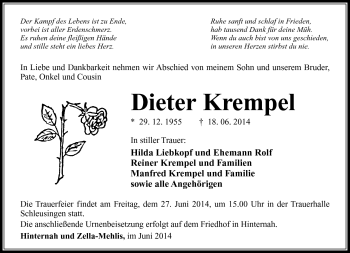 Traueranzeige von Dieter Krempel von Südthüringer Presse