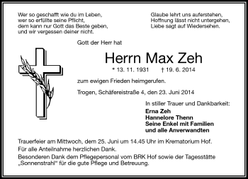 Traueranzeige von Max Zeh von Frankenpost