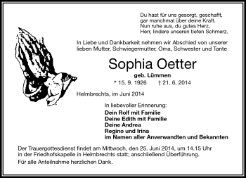 Traueranzeige von Sophia Ötter von Frankenpost