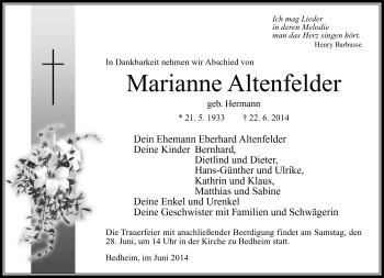 Traueranzeige von Marianne Altenfelder von Südthüringer Presse