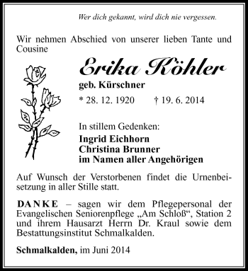 Traueranzeige von Erika Köhler von Südthüringer Presse