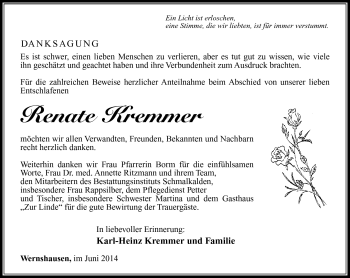 Traueranzeige von Renate Kremmer von Südthüringer Presse