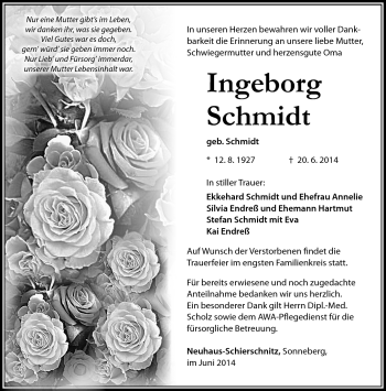 Traueranzeige von Ingeborg Schmidt von Südthüringer Presse